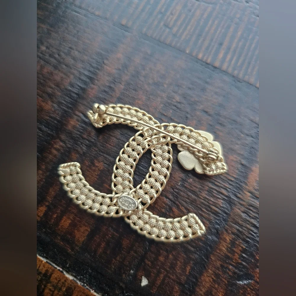 Gold Crystal Double C Brooch with Floral Detail - Picture 3 of 9